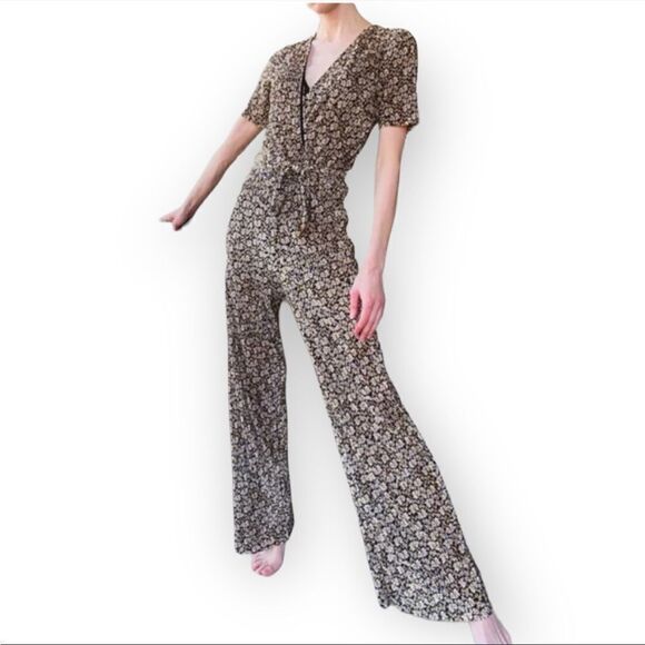ZARA Black & Marigold Yellow Tan Floral Printed Crinkle Wide Leg Belted Jumpsuit - Picture 2 of 11